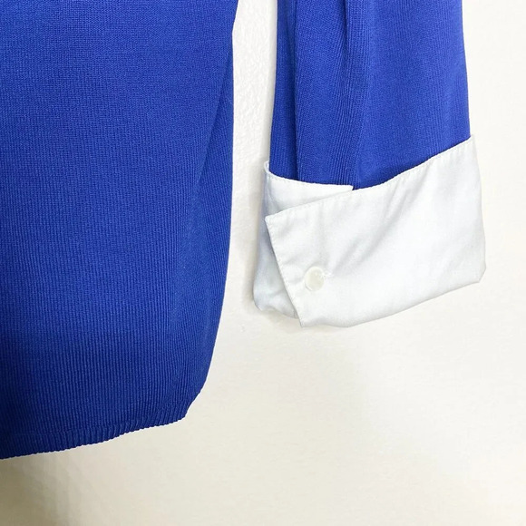 Talbots Blue White White Faux Layered Sweater Blouse Size L Long Sleeve Cuffs - Picture 4 of 11